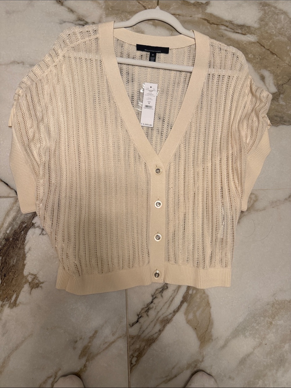 White House Black Market Cream Open-Weave Buttoned Short-Sleeve Cardigan
